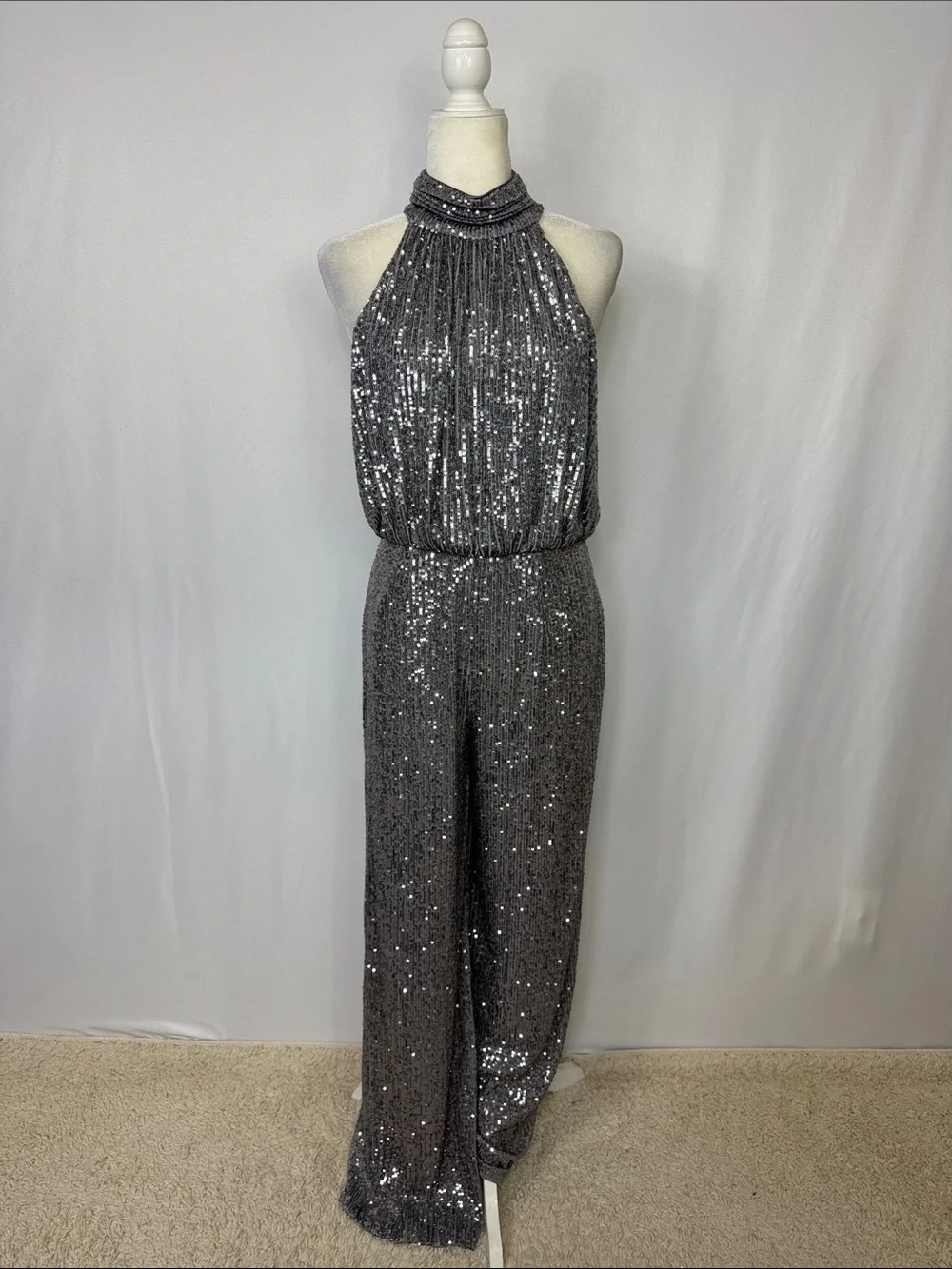 Eliza J Sequin Mock Neck Jumpsuit Size 8 Gunmetal Silver - Picture 3 of 11